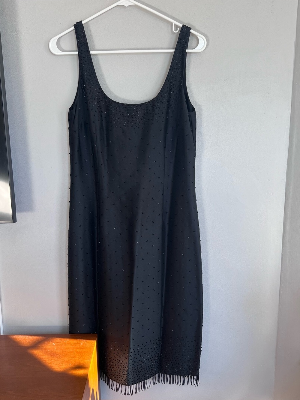 Vintage Ann Taylor Scoop Neck Beaded Tank Midi Dress with Fringe Black Silk 8